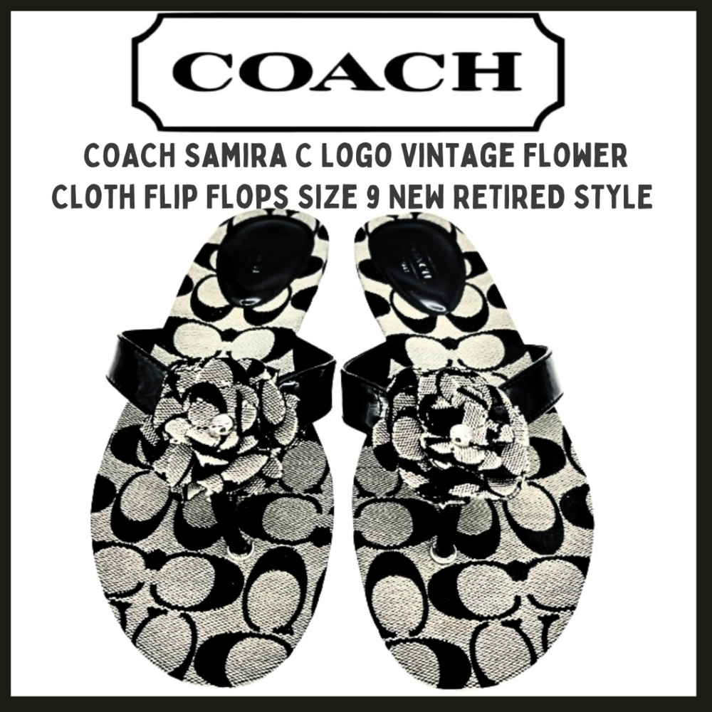 COACH Samira Logo Style Vintage Flower Black White Canvas Thong Rubber Sole New